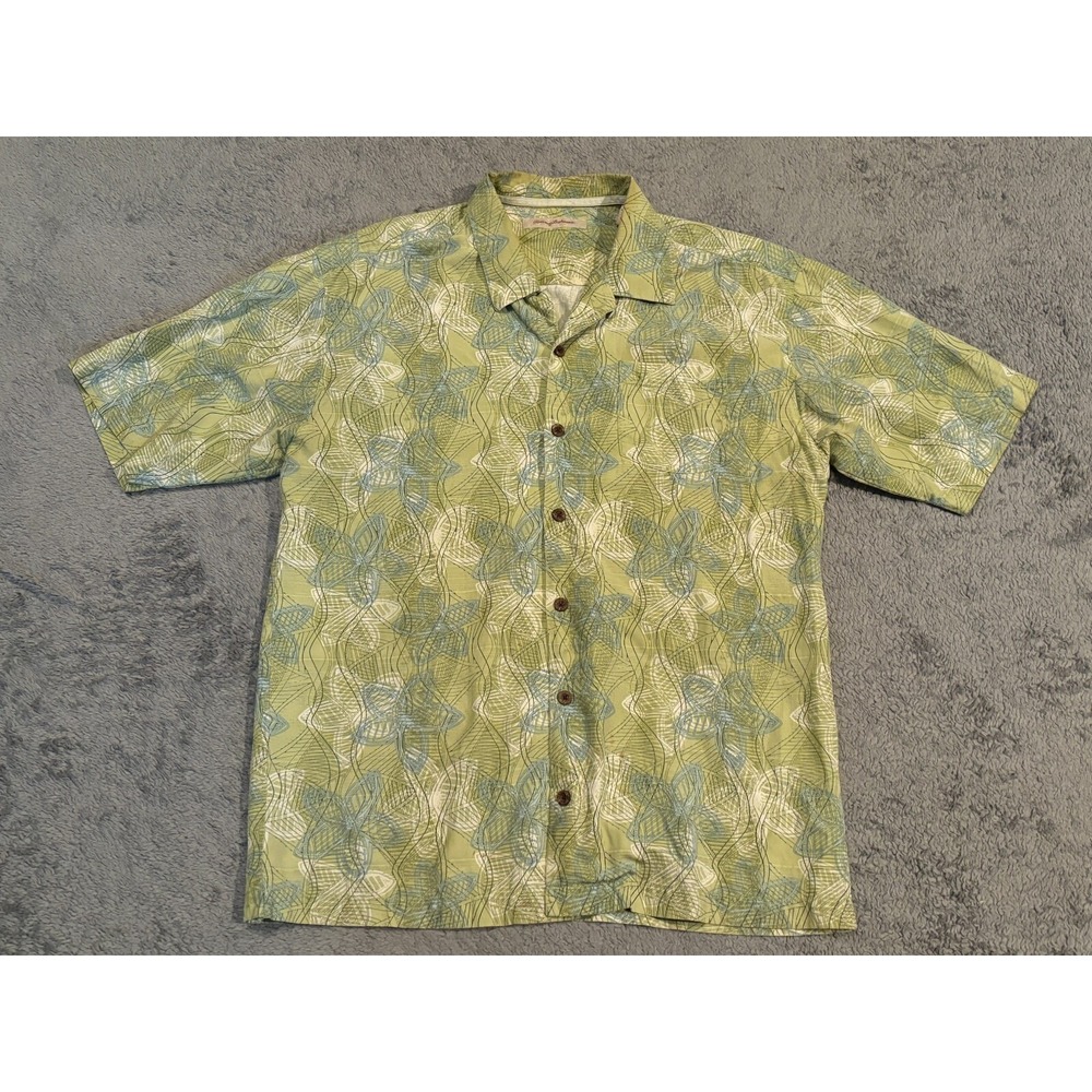 Tommy Bahama Silk Blend Button Shirt Mens XL Green Floral Hawaiian Palms S/S